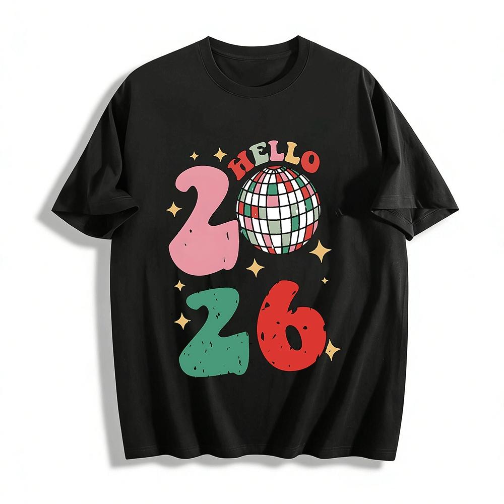 Retro Disco Style 2026 New Year Graphic Casual Top Pure cotton T-shirt XXS