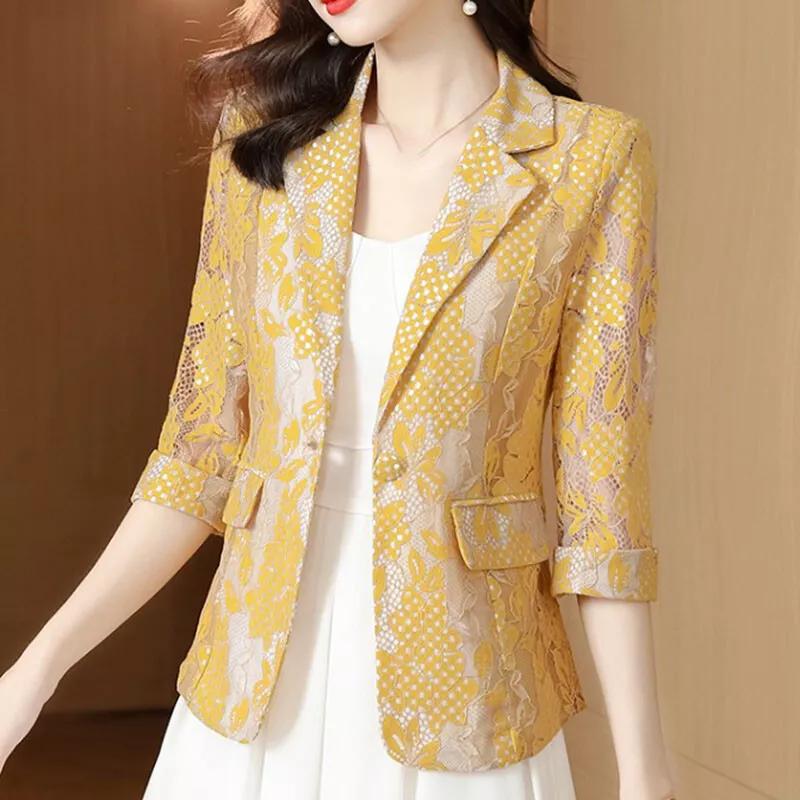 

Женский кружевной пиджак-блейзер, костюмное пальто с вырезами, рукав 3/4, офисная рабочая одежда, мода XXXL жёлтый