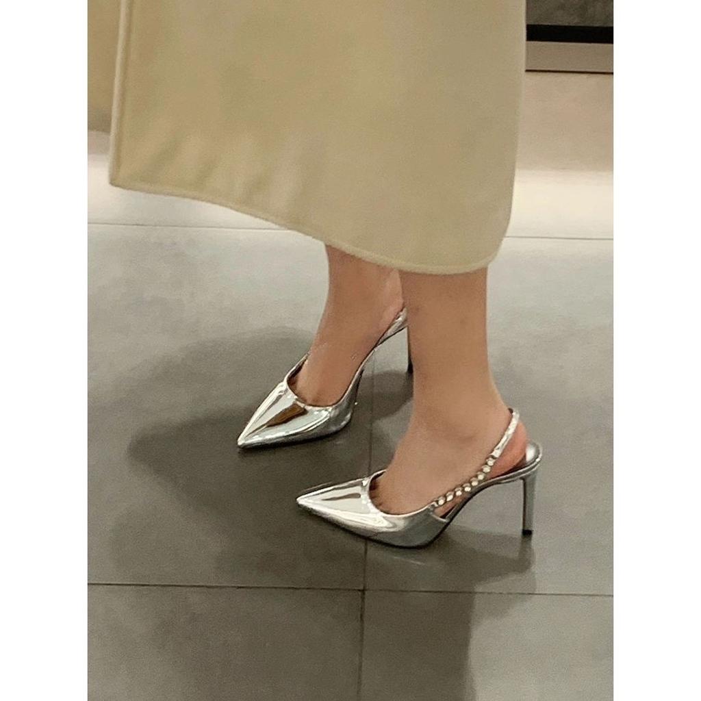 2025 new popular fairy style high heels silver thin heel European and American style temperament back empty sandals single shoes ins