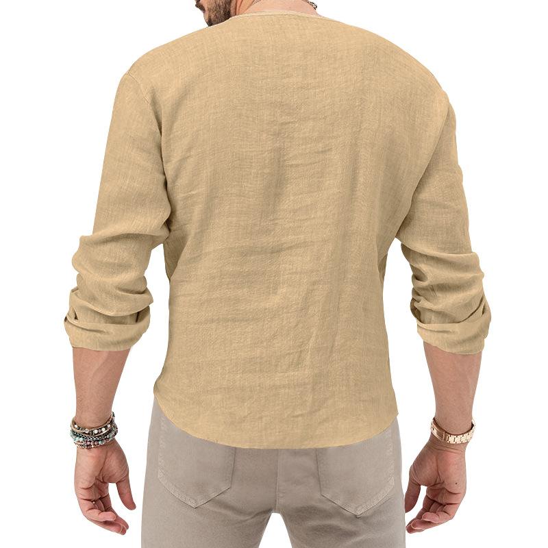 Pánska jar letná veľká bavlnená ľanová košeľa mužský hlboký výstrih do V jednofarebné topy s dlhým rukávom