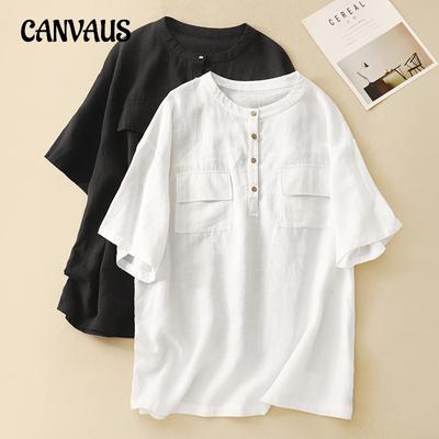 Summer Women's Shirt Standing Collar Plus Size Loose Casual Blouse Short Sleeve Tops