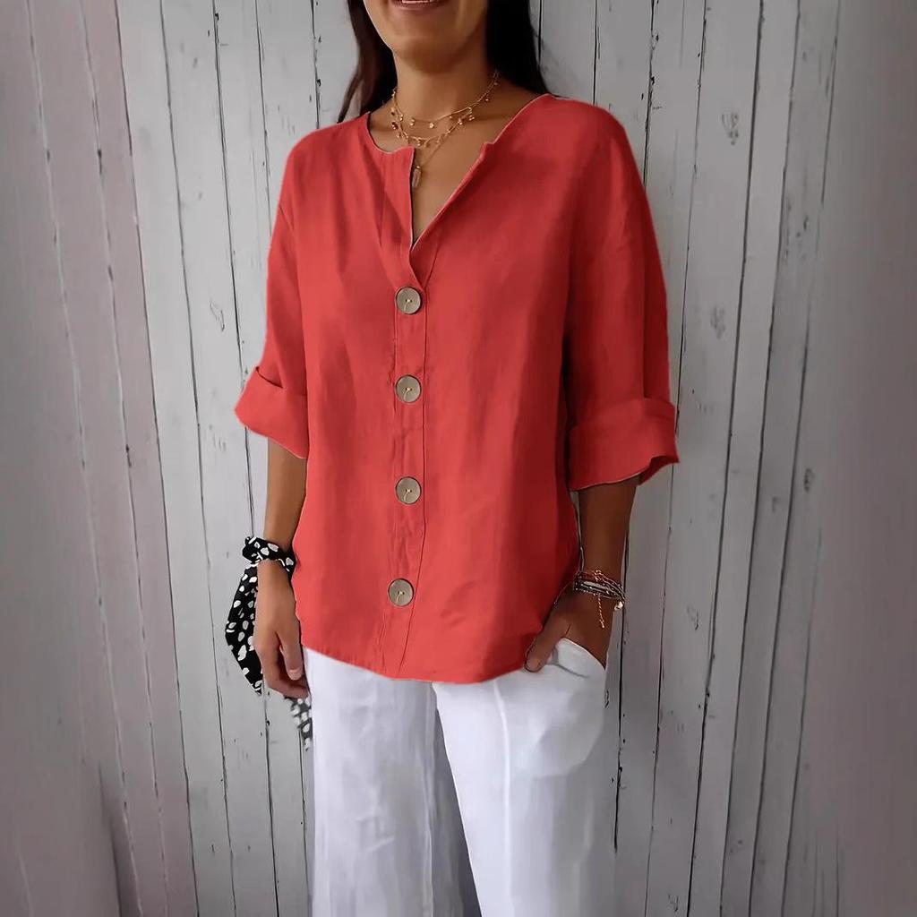 Women's 2025 European-American V-Neck Cotton Linen Button T-Shirt