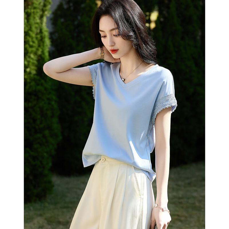 Demana Women's Summer V-Neck Lace Trim Mercerized Cotton T-Shirt
