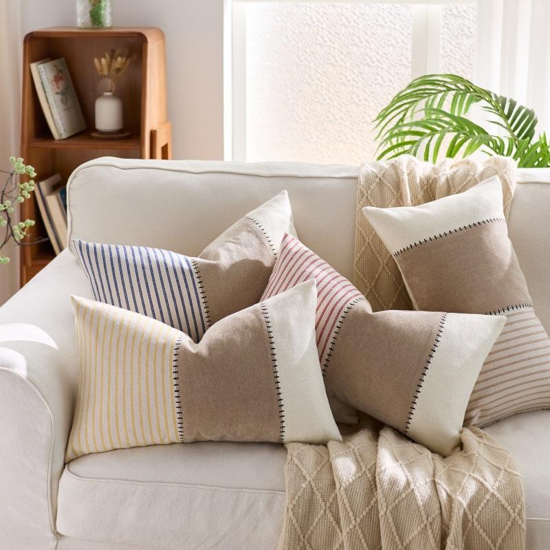 2PC Boho Cushion Cover, Stripe Cotton Patchwork Pillowcase with Hidden Zipper, Farmhouse Accent Throw Pillow Cover for Couch Bed