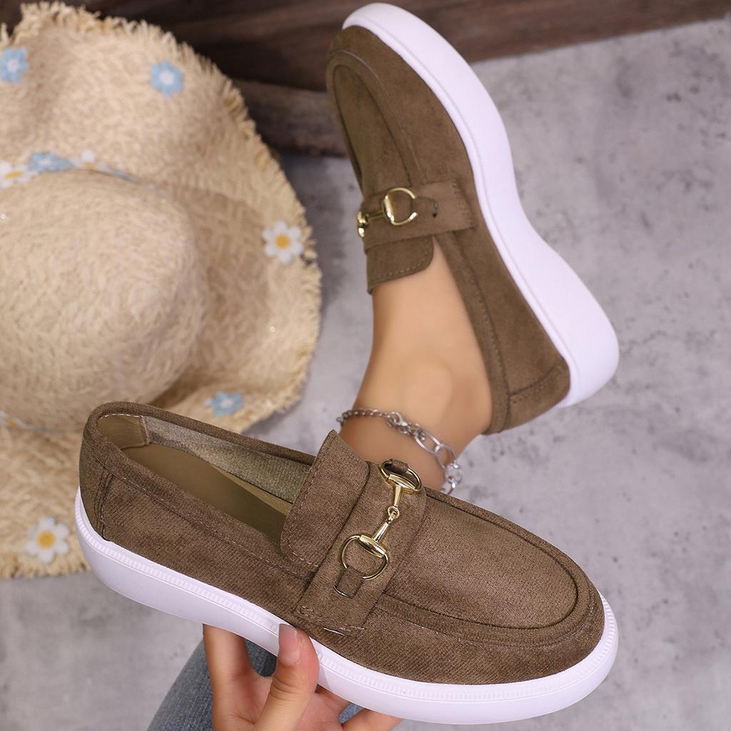 Women's Metal Buckle Loafers, British Style Slip-On Driving Shoes, Flat Sole Comfort Moccasins for Women