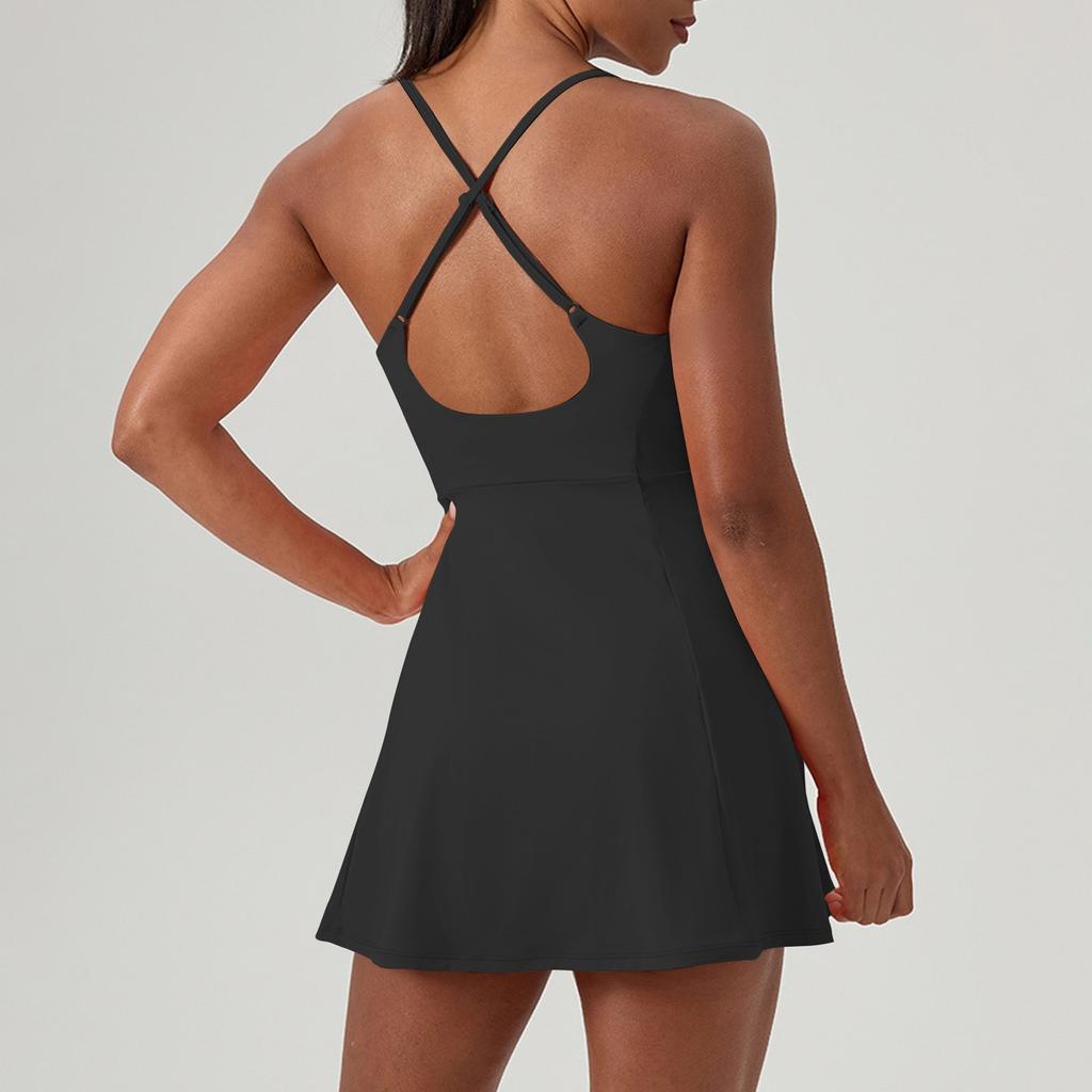 Damen Sportkleid Ärmellos Eingebauter BH und Shorts Trainings Tenniskleid