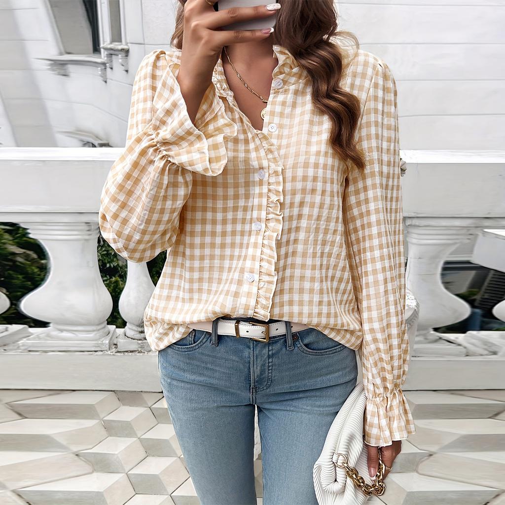 Dame Rutete V-hals Skjorte Volangskjorte Langermet Topp