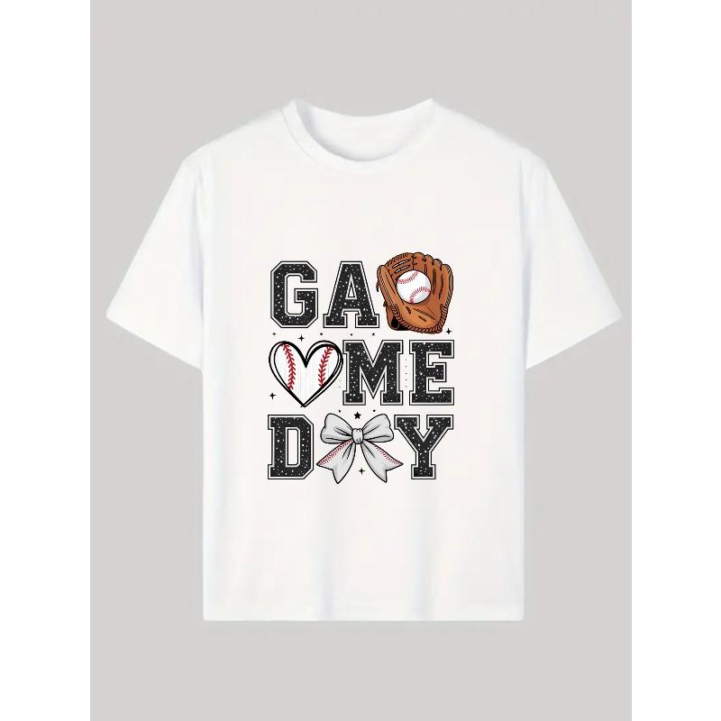 European sizes Girls Baseball T-Shirt White Game Day Baseball Glove Heart And Bow Print for Sports Events And Outdoors