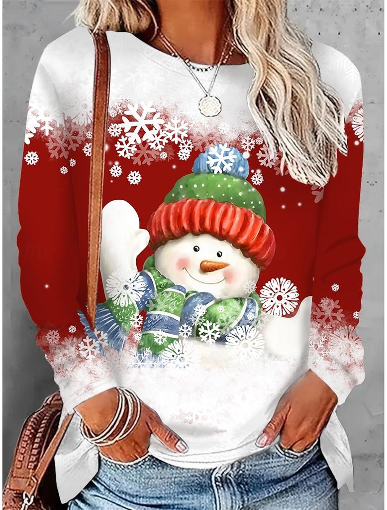 Women's long sleeve Polyester T-shirt 3D Print Christmas Theme snowflake Graphics Casual Loose Fit Crew Neck Long Sleeve Tops