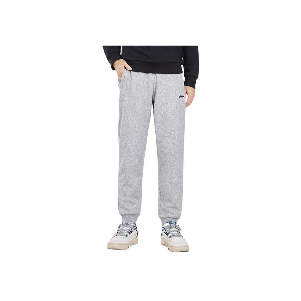 Li Ning Badminton Series Solid Color Ribbed Cuff Fleece Knit Sports Long Pants Men Bottoms Light-Gray AKLTC87-2