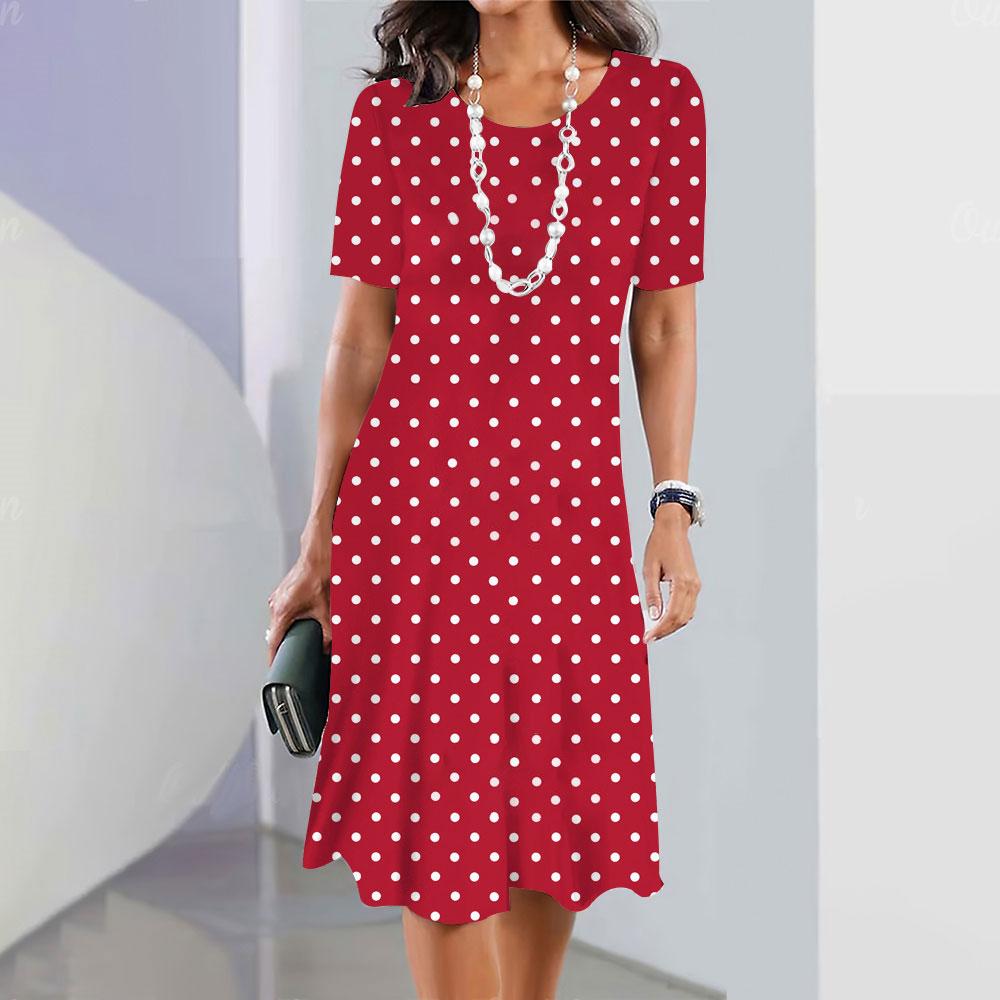 

2026 Summer Polka Dot Printed Knee-length Dress Women s O-neck Loose Sexy Elegant Holiday Fashion Dress S