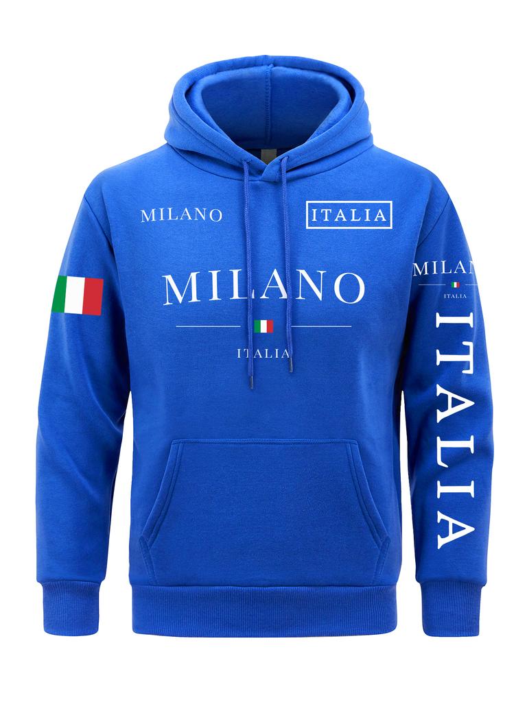 New Autumn and Winter Italian Flag Milan City Print Men's Pure Cotton Hoodie Casual Simple Large Size Street Jumper Sweatshirt