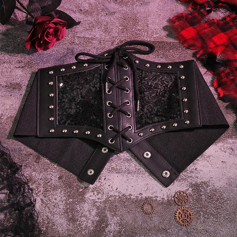 Lace Waist Strap Cover Metal Buckle Tie Rope Elastic Waist Black Theme Dark