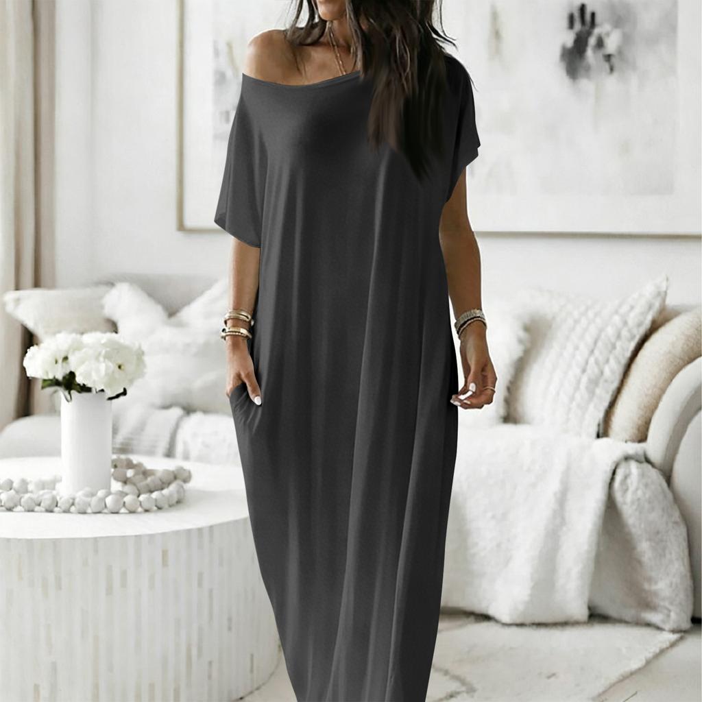 Women's Fashion Color Short-Sleeved Long Casual Dres