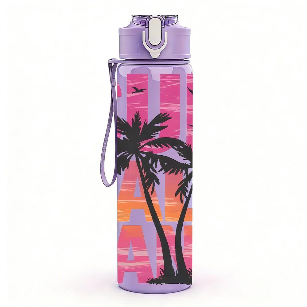 1PC Sun Salt Sand Palm Tree Summer Beach Art 750ml Color Plastic Sports Water Bottle Leakproof Flip Straw Lid Suitable for Sports Office Home Use