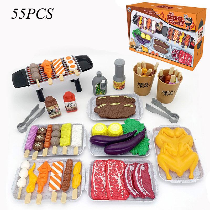 Children Kitchen Simulation Food Toys Pretend BBQ Set Play House Cooking Games Barbecue Grill Meat Skewers Pretend Kitchen Toys