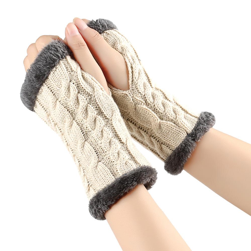 Solid Color Knitting Fingerless Plush Gloves Arm Warmers Thicked Gloves Autumn Winter Mittens For Adult