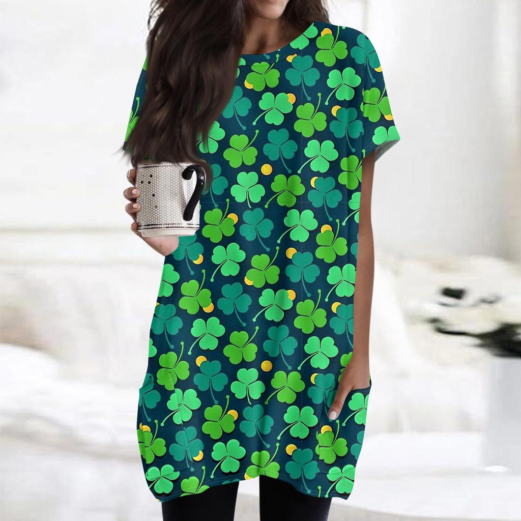 Women's Fashion Casual Short Sleeve Print Round Neck Double Pocket T-Shirt Top