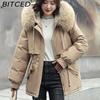 BITCED Women's Mid-Length Drawstring Cotton Coat with Fleece Lining Loose-Fit Puffer Jacket with Down-Fill Cotton Padding Winter Outerwear