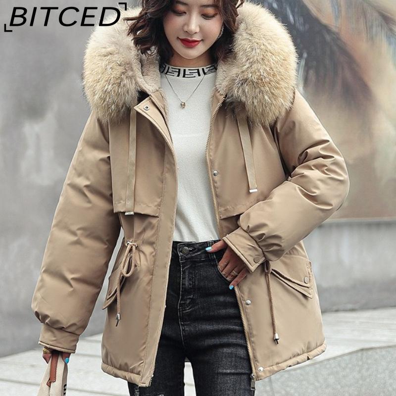 BITCED Women's Mid-Length Drawstring Cotton Coat with Fleece Lining Loose-Fit Puffer Jacket with Down-Fill Cotton Padding Winter Outerwear