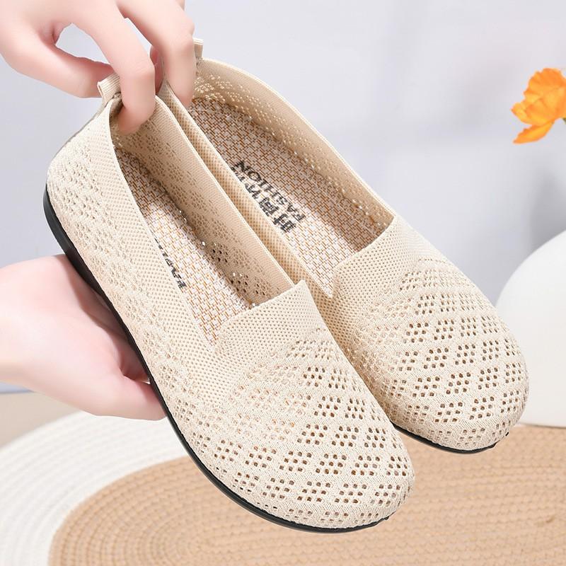 Womens Breathable Mesh Flat Shoes With Cutout Design Comfortable Slip-On Walking Fall