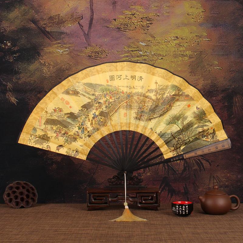 Retro style men's big folding fan with fan tassel Portable daily decorative hand fan Laser engraving fan bone Durable hand fan