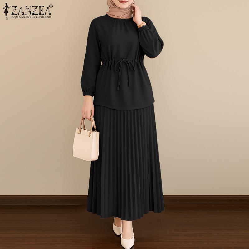 ZANZEA Women Long Sleeve Blouse and Long Skirts Muslim Two Piece Suit Sets