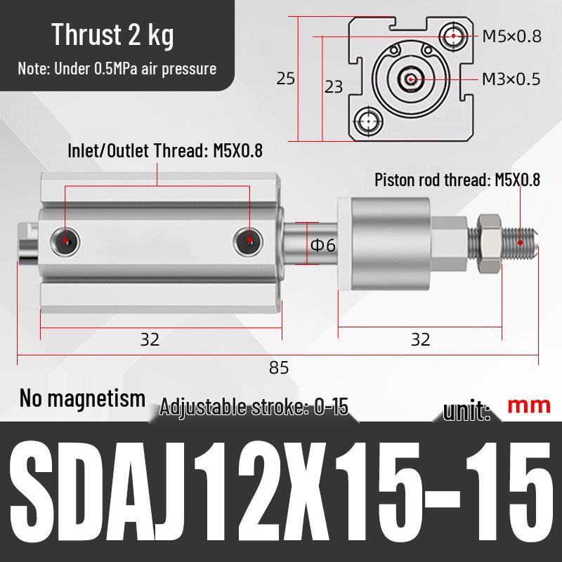 Adjustable Stroke Pneumatic Thin Cylinder - Piston Rod Sizes: 16/20/25/32/40/63