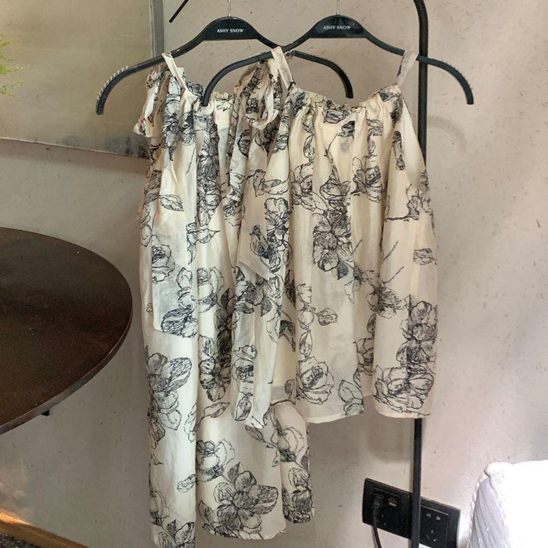 Summer new Chinese style ink dress loose neck suspender skirt gentle sweet small beautiful short skirt