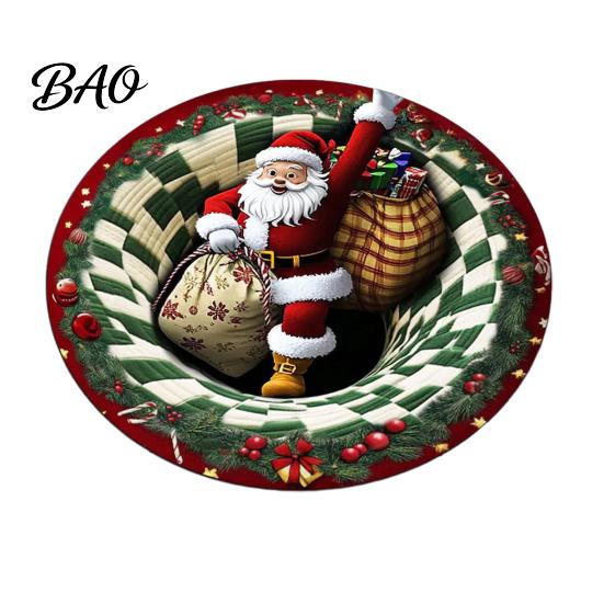 Holiday Party Floor Covering Round Christmas Rug, 39" Imitation Cashmere Santa Snowflake Pattern, Pattern Rug Area for Home Living Room Bedroom Decor