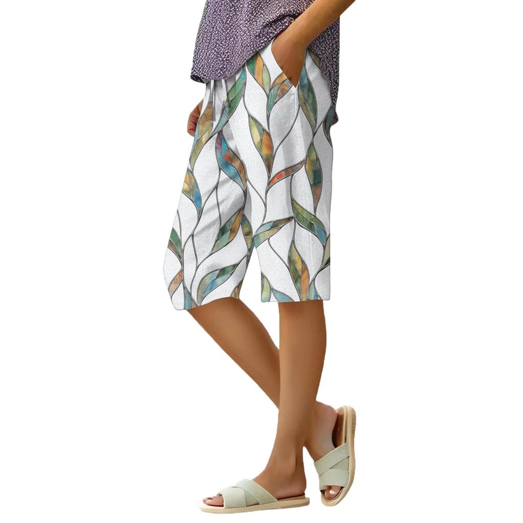 Women's Summer Gradient Floral Polka Dot Print Knee-Length Lightweight Elastic Waist Casual Pocket Shorts