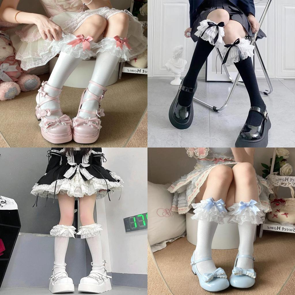 Lolita Lace Bow Kneehigh Socks With Cotton Material For Summer And Spring Fashion