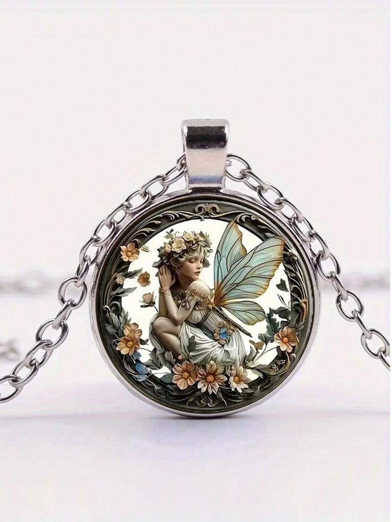 A Vintage Angel Fairy Glass Pendant Necklace - Elegant Fantasy Themed Jewelry for Everyday Wear