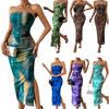 Spring and Autumn Women's Clothing Mesh Floral Pleats Sexy Tight Split Strapless Tube Top Dress