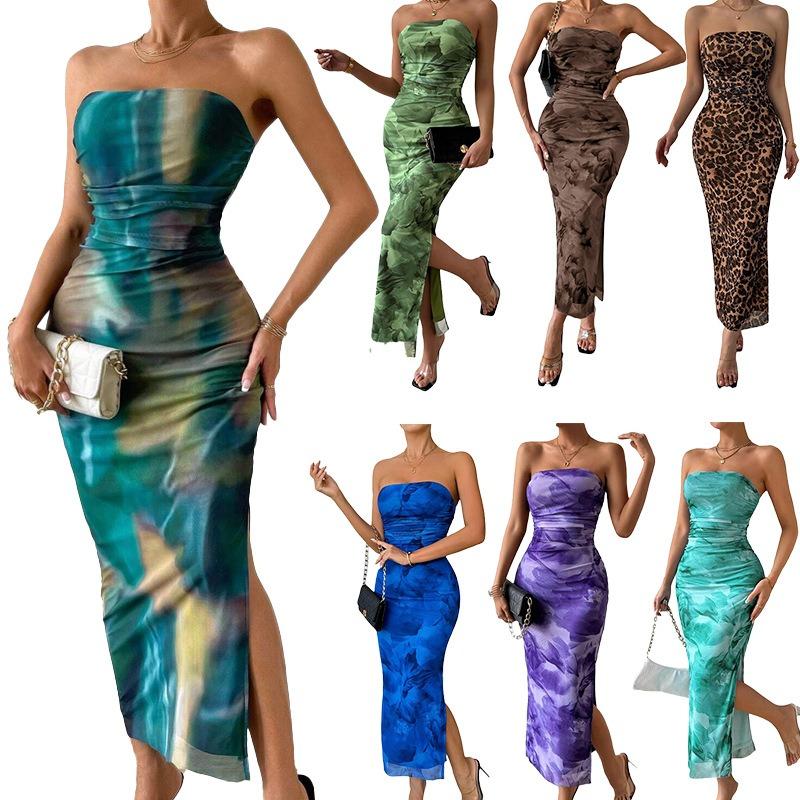 Spring and Autumn Women's Clothing Mesh Floral Pleats Sexy Tight Split Strapless Tube Top Dress