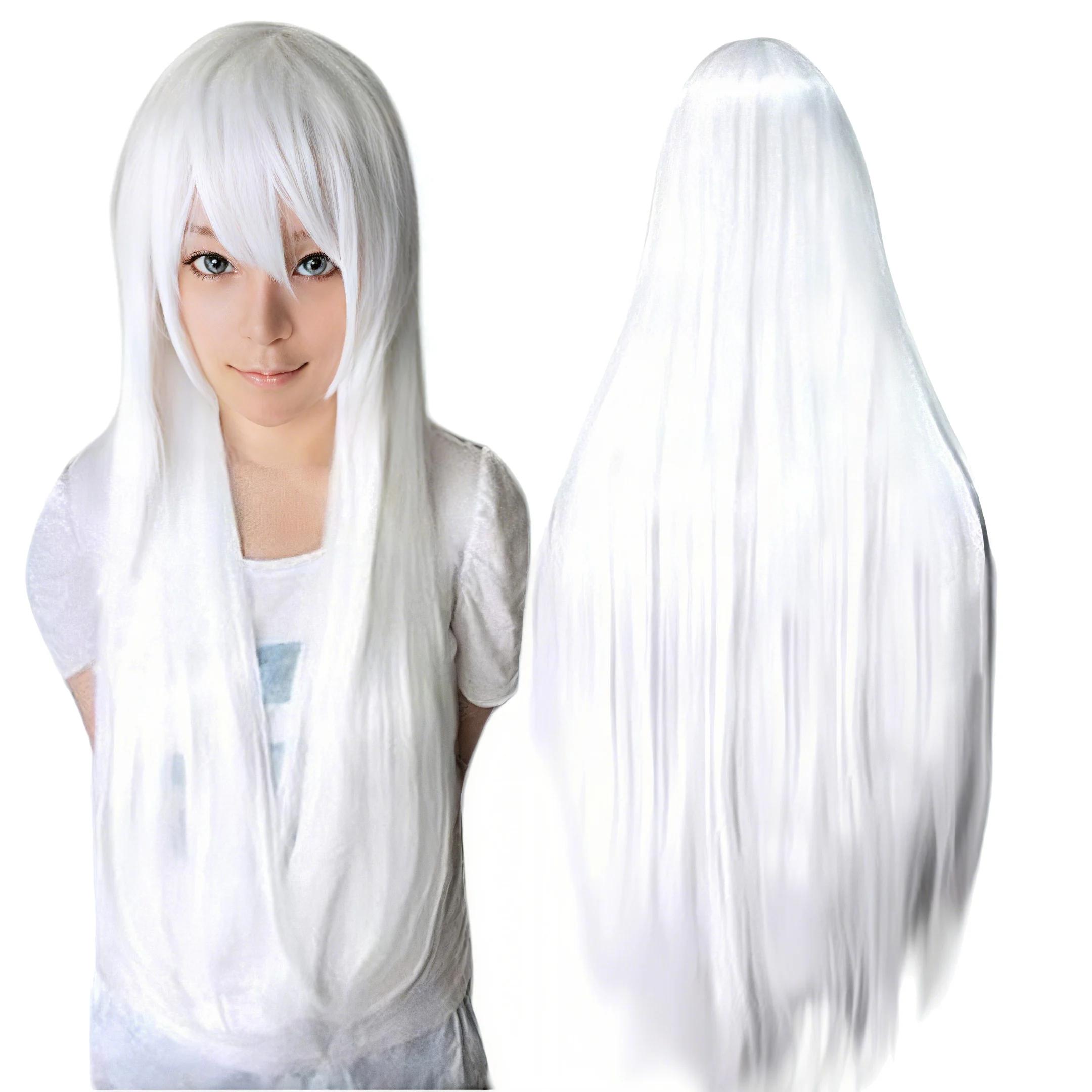 Synthetische Zilverwitte Lange Pruik voor Anime Cosplay Halloween Kostuumfeest Rechte Witachtige Pruik met Pony 32inches wit