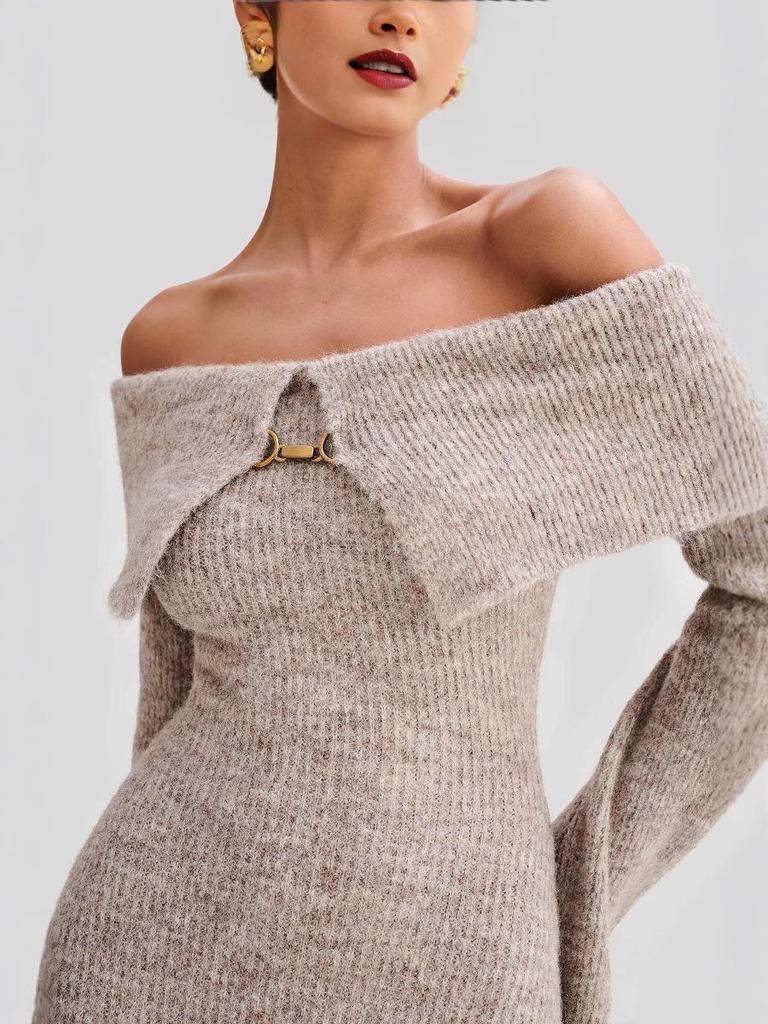Women's Elegant Off-the-Shoulder Knit Dress with Lapel - European & American Style 2026