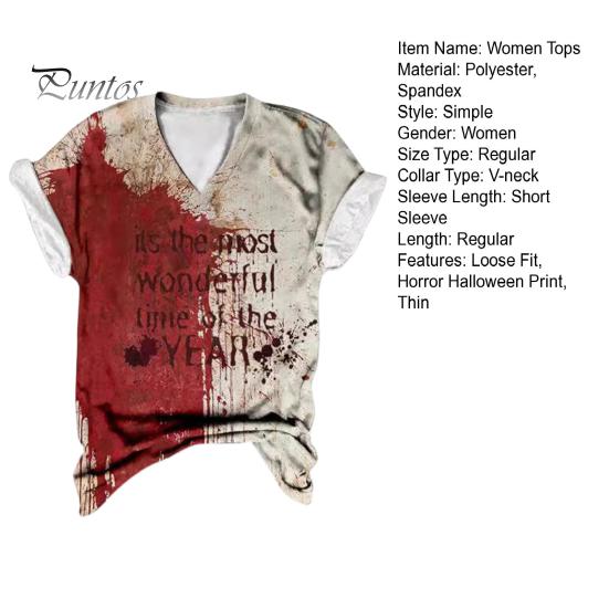Dámské tričko s výstřihem do V Krátký rukáv Horor Halloween Tričko s krevním potiskem Tričko Tenké Pružné Cosplay Festivaly Pulovry
