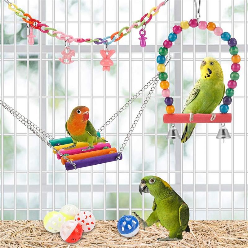 Bird Parakeet Toys 1 Set Of 11Pc Swing Hanging Standing Chewing Toy Hammock Climbing Ladder Bird Cage Colorful Toys