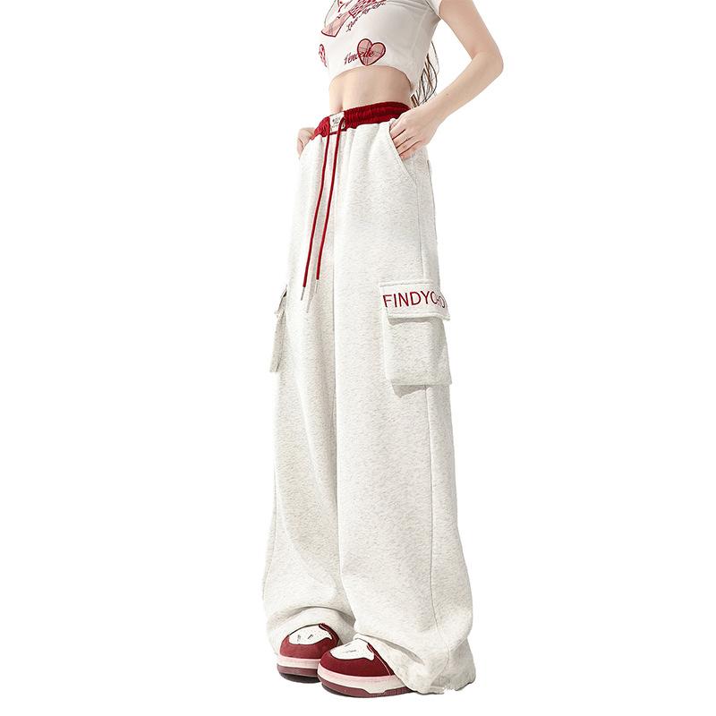 

Серые стильные спортивные брюки для женщин, прямые брюки с тонкой эластичной резинкой на талии, повседневные свободные широкие короткие брюки L белый