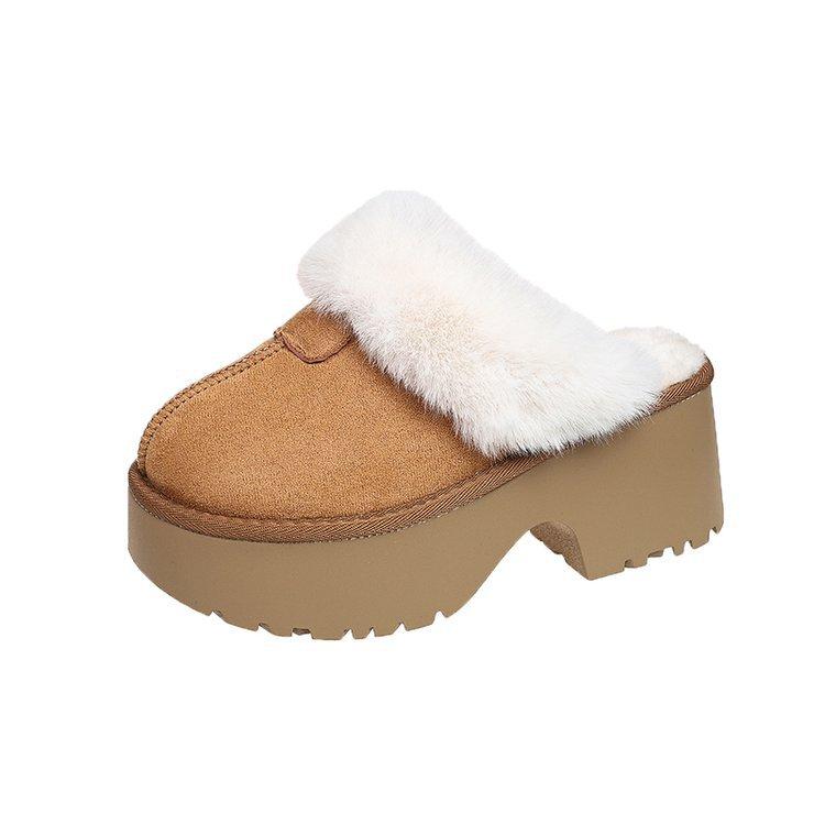 Muffin thick-soled heightening fluffy slippers women's outer wear 2025 new winter piled thickened snow boots half-mop cotton shoes