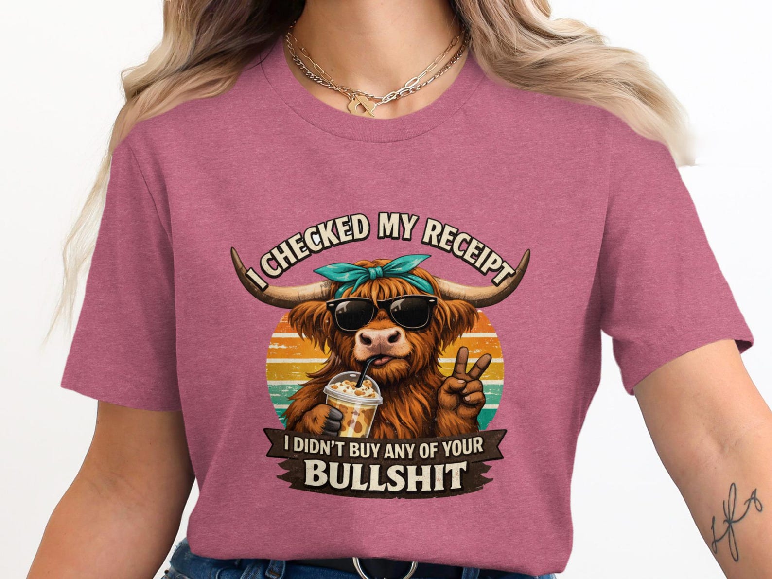 Highland Cow T-Shirt, Sarcastic Iced Coffee Peace Sign, Vintage Sunset Graphic Tee L