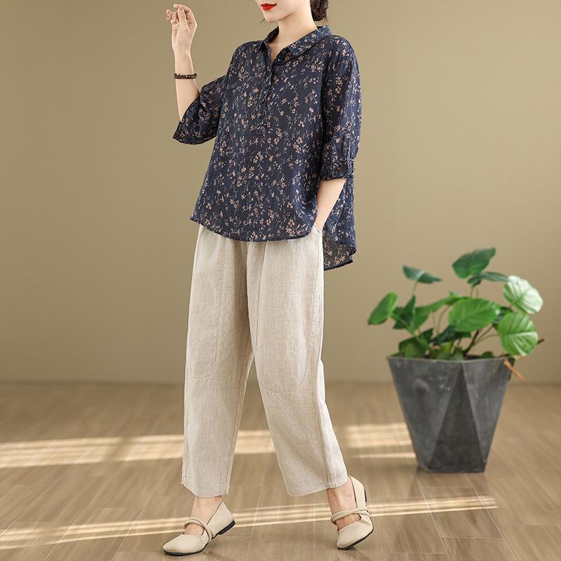 2025 Korean Style Plus Size Slimming Retro Shirt & Casual Cotton-Linen Pants Set for Women
