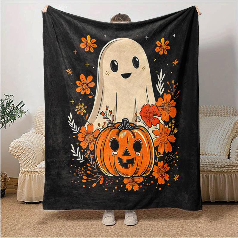 1pc Cartoon Ghost & Pumpkin Halloween Blanket  Cartoon Throw for Home Decor, Gift Idea, Room Decoration, Living Room, Travel, Camping