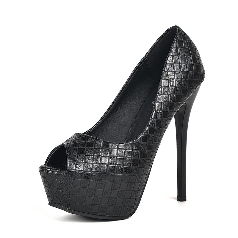 Spring and Autumn Fine Heel Super High Heel Waterproof Table Fish Mouth Women's Shoes Single Shoes Woven Plaid Women's Shoes