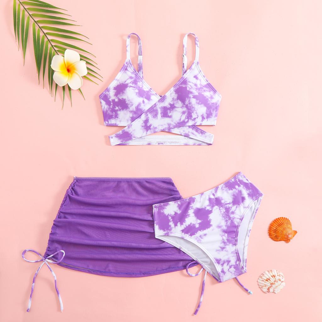 Costum de baie pentru copii costum de baie pentru femei cu fustă separată imprimeu tie-dye pentru copii de vârstă mijlocie și mai mari fete bikini costum de baie pentru copii set de trei piese