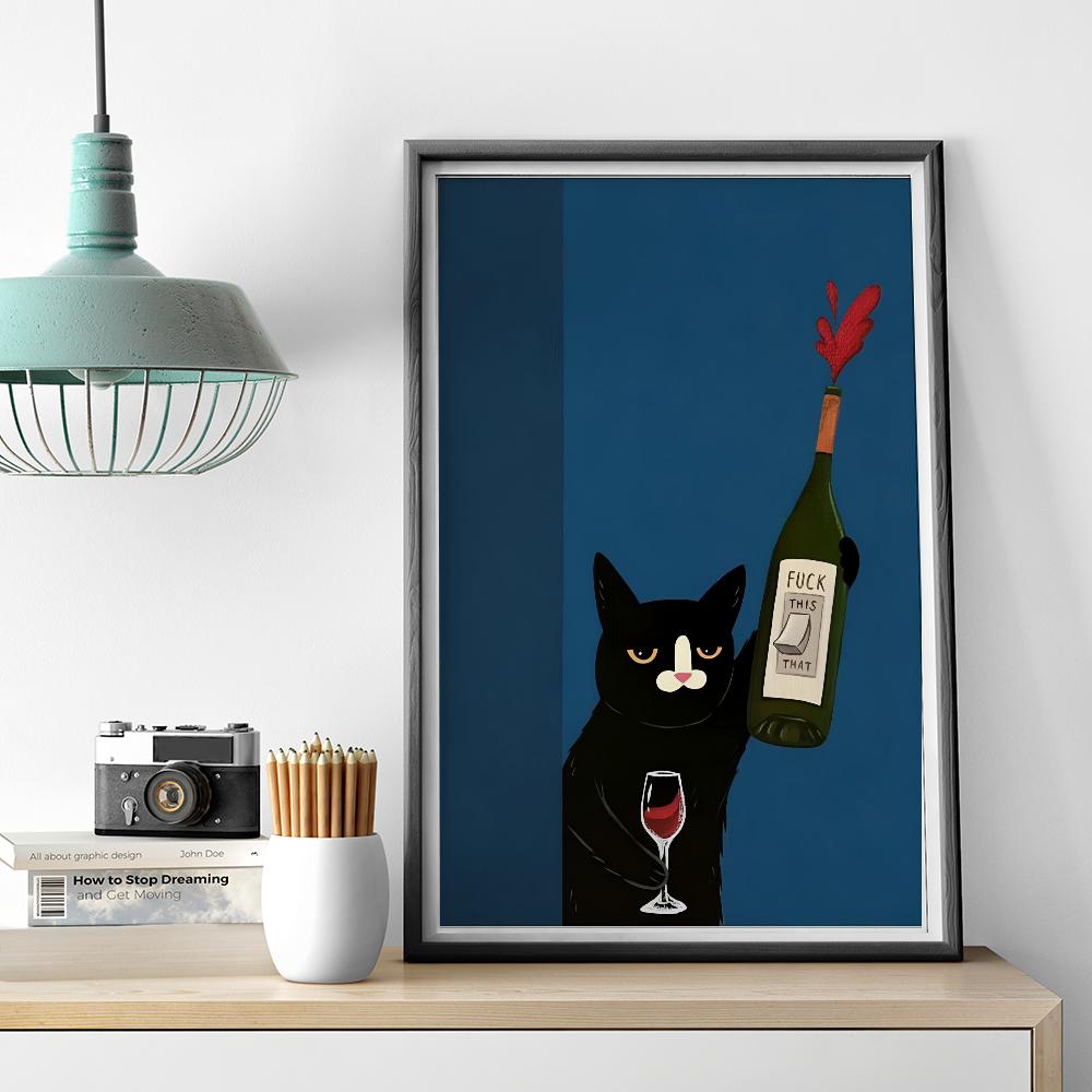 1ks Moderní Kočka Pije Víno Vtipné Zvíře Rostlina Plakát HD Plakáty Domácí Pokoj Bar Kavárna Dekorace Umění Nástěnná Malba Obrázek