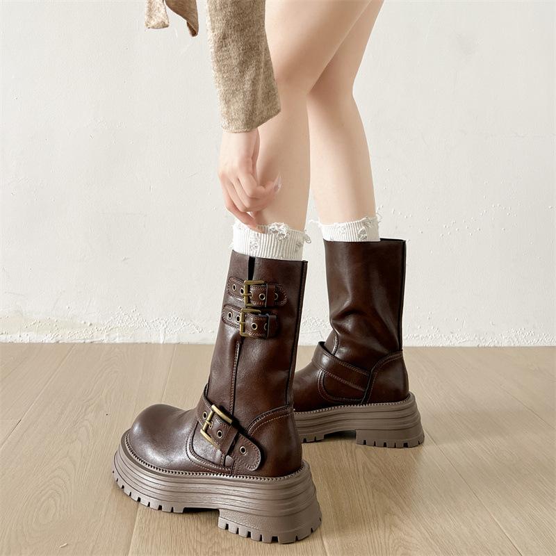 Khaki British Style Platform Martin Boots Women's 2025 New Autumn Small Man Height and Thinness Maillard Short Boots