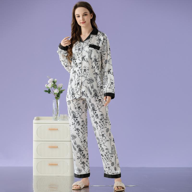 Autumn High-End New Chinese Style Floral Print Pajamas Women'S Long-Sleeved Trousers Ice Silk Loungewear