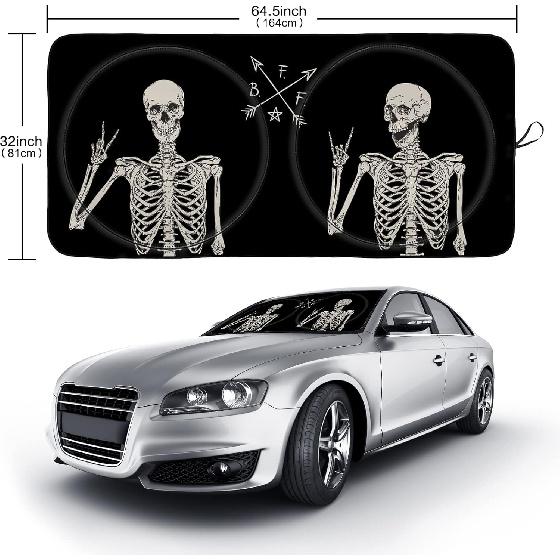 Funny Skull Gothic Hippie Skeleton Black Windshield Sunshade For Car SUV Truck Foldable Uv Ray Reflector Front Window Sun Shade Visor Shield Cover